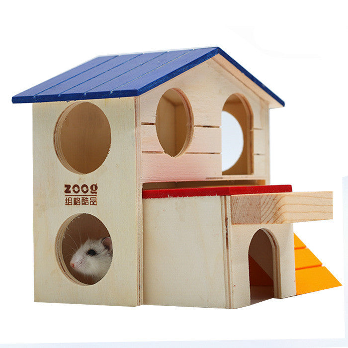 Wooden Hamster Toys Blue Top Villa Hamster Chalet Small Pet Toys Molar Decompression - FurryFriendMark