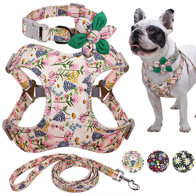 Flower Printed Dog Collar Harness Leash Set Nylon Small Medium Large Dogs Harness Vest Collar Leashes For Chihuahua Puppy Pet - FurryFriendMark