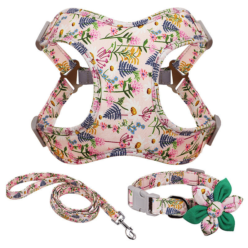 Flower Printed Dog Collar Harness Leash Set Nylon Small Medium Large Dogs Harness Vest Collar Leashes For Chihuahua Puppy Pet - FurryFriendMark