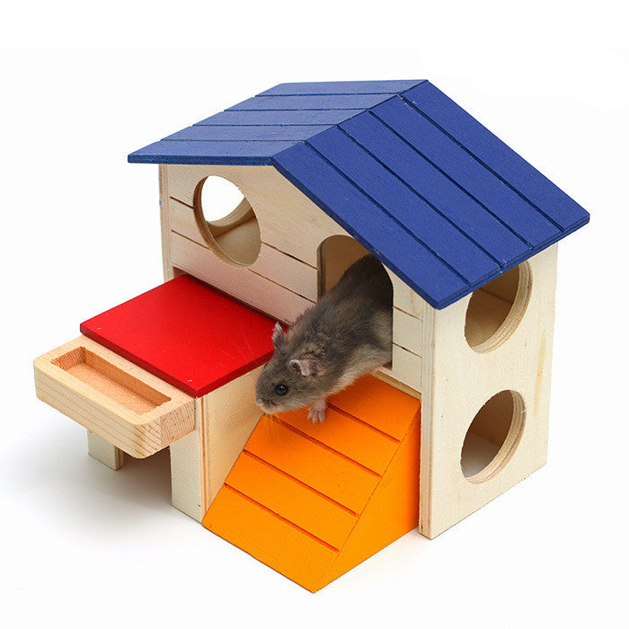 Wooden Hamster Toys Blue Top Villa Hamster Chalet Small Pet Toys Molar Decompression - FurryFriendMark