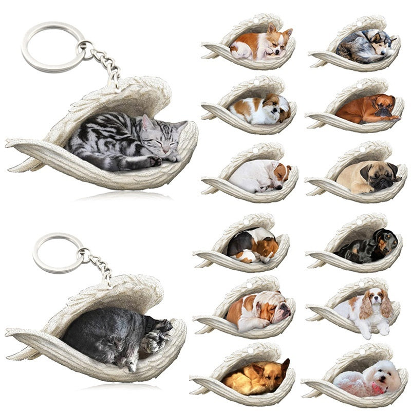 New Unique Dogs And Cats Sleeping Angel Pendant Car Key Ring