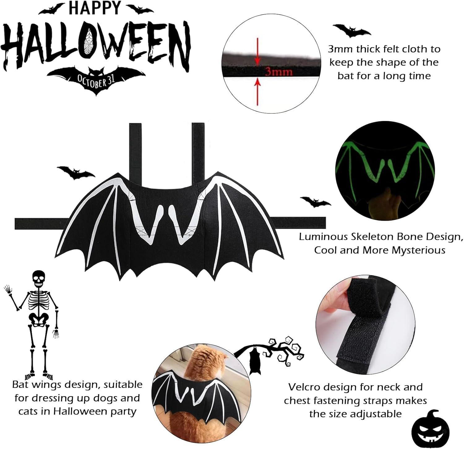 Dog Halloween Costumes Dog Bat Costume Cool Luminous Skeleton Bone Bat Wings Pets Cosplay Costumes Dress Up Apparel For Small Medium Large Cats And Dogs