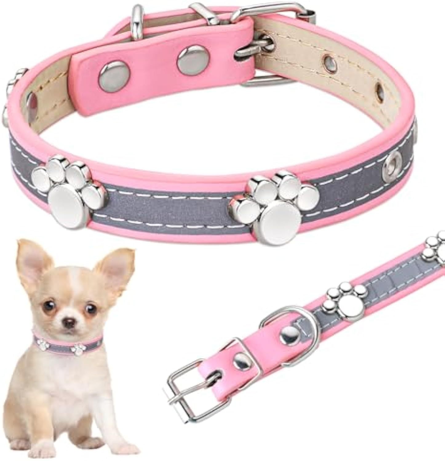 Reflective Dog Collar Leather Dog Collar For Small Medium Large Dogs Cats Adjustable Girl Puppy Dog Collars With Cute Paw Rivet